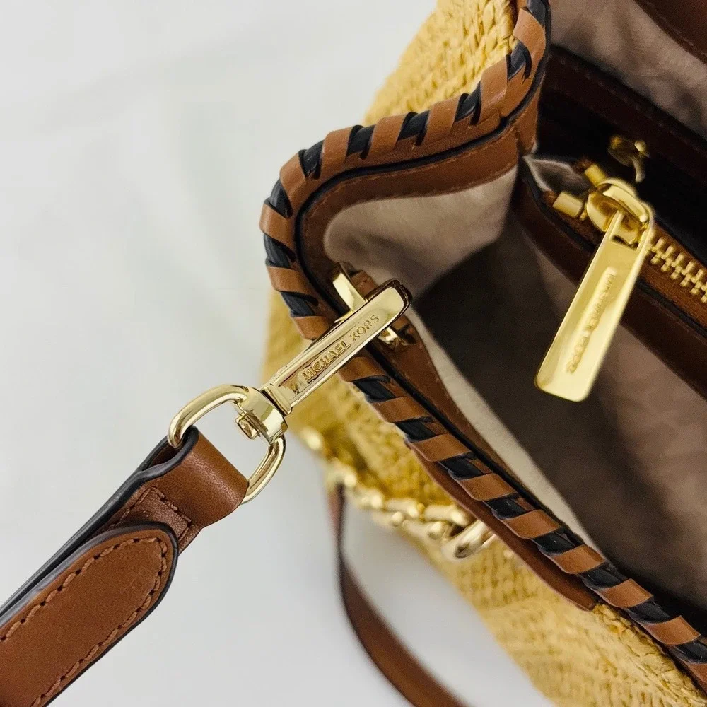 Michael Kors Straw Rattan Brown Leather Gold Chain Summer Bag Purse